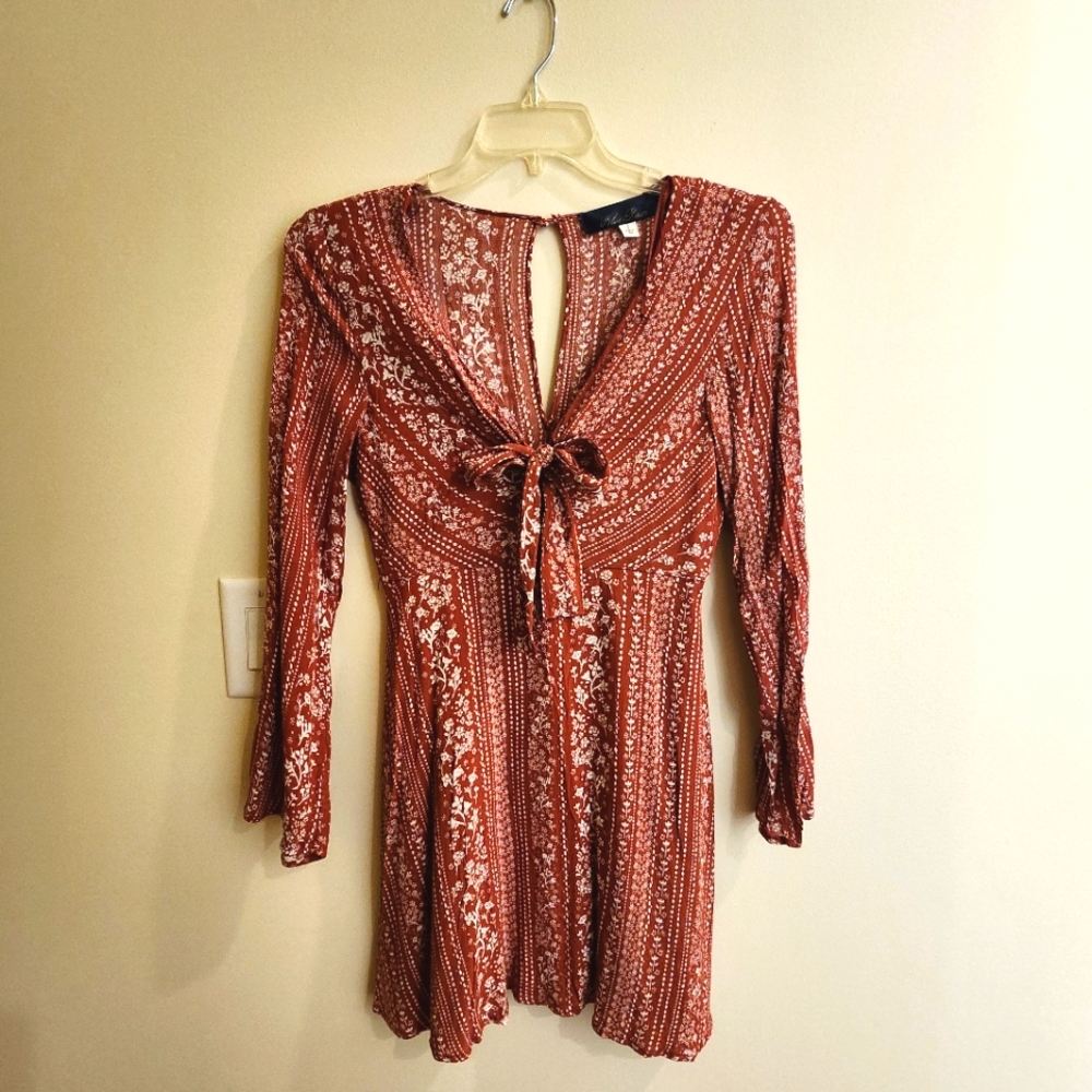 Francesca's Burnt Orange Boho Dress- Long Sleeve